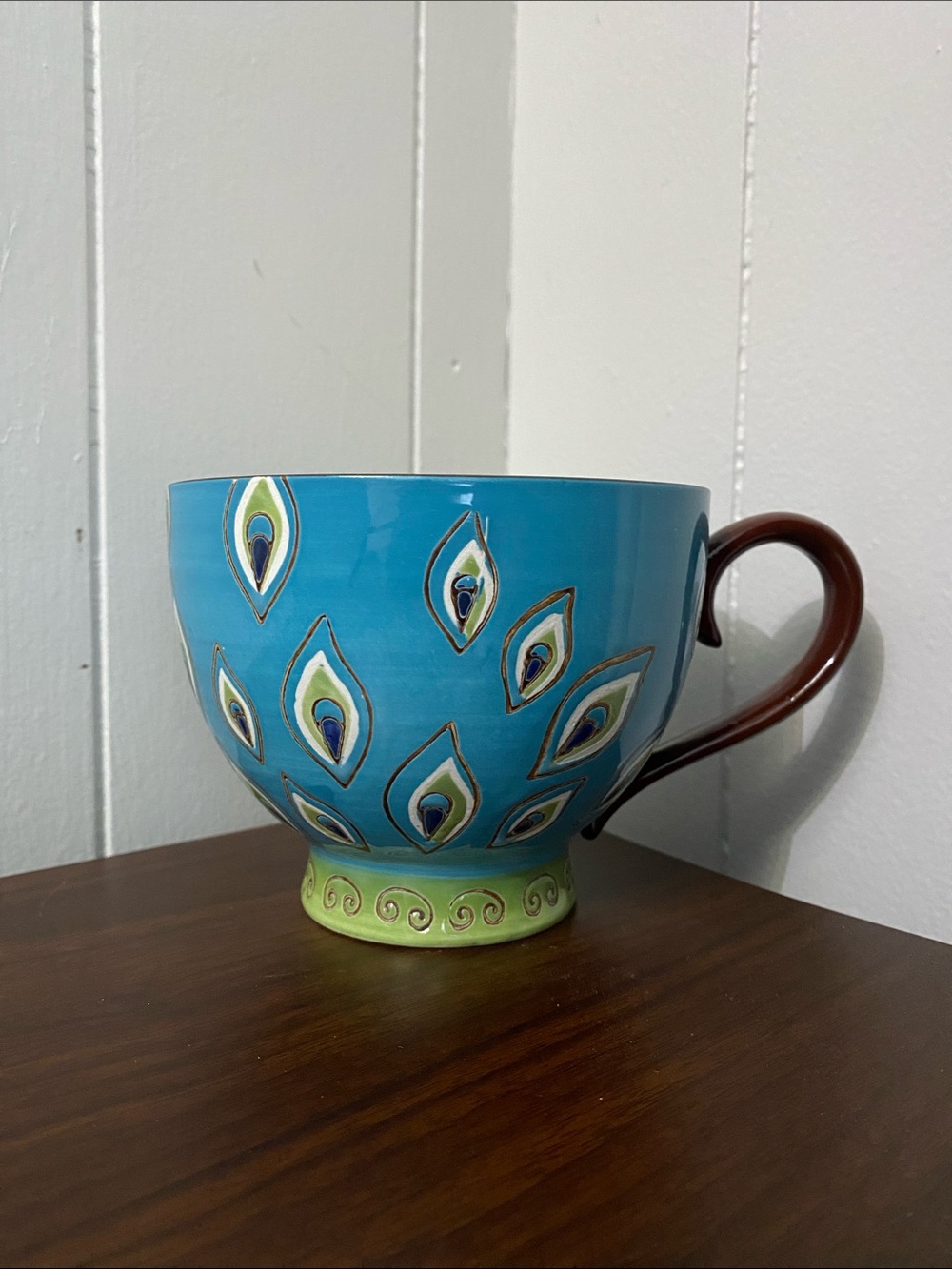 Pier 1 Turquoise Peacock Feather Ceramic Mug with Brown Handle